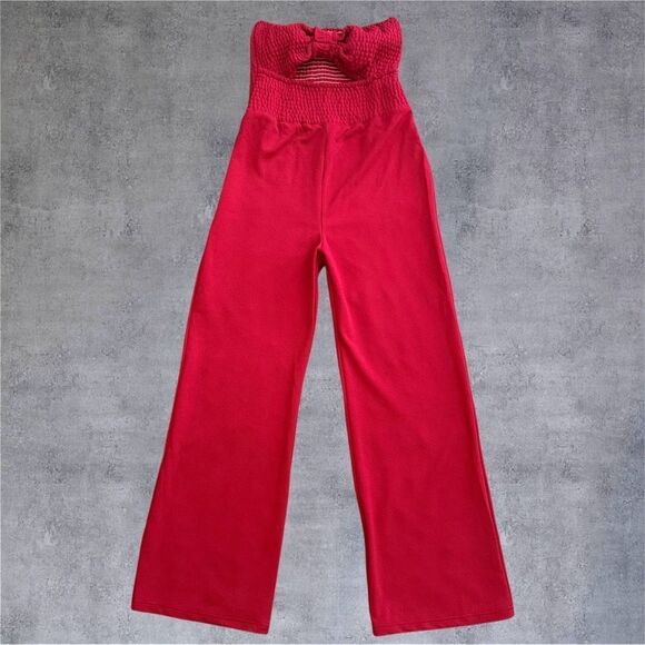 Lulu's Red Wide Leg Jumpsuit with Strapless Design - Picture 1 of 7